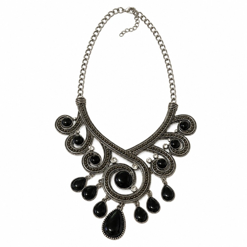 Silver-Tone Black Teardrop Adjustable Necklace Statement Jewelry